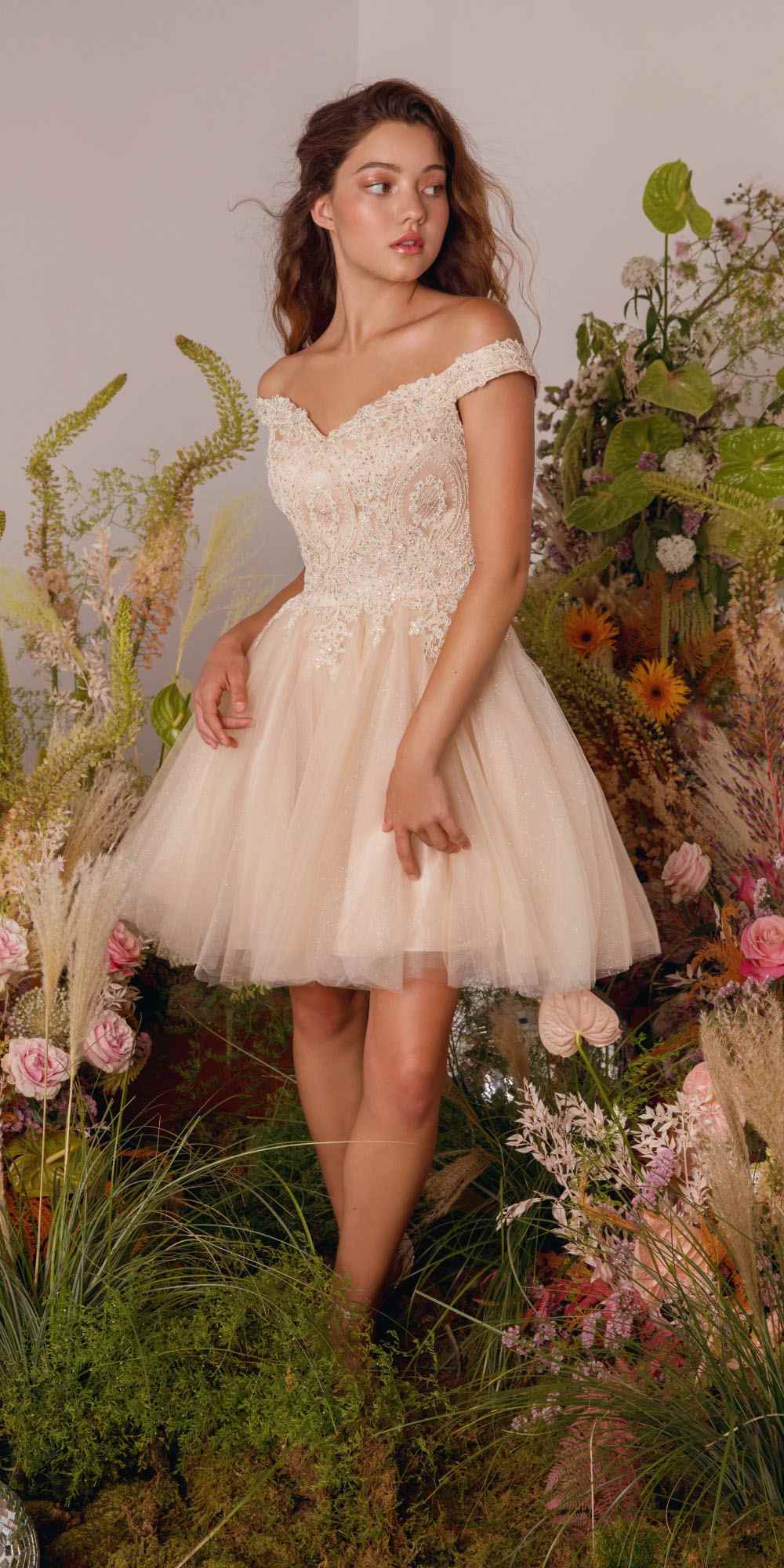 CLEARANCE - Eureka 9833 Short A-Line Off Shoulder Glitter Mesh Dress (Size M) by DiscountDressShop