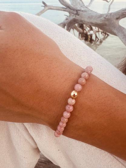 Natural Pink Rhodonite + 14k Gold Filled || Stretch Bracelet by CanyonLeaf