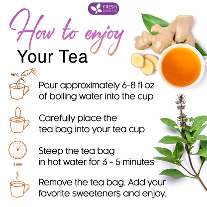 Premium Ginger Tulsi Tea Bags | Hand-made Blend of Ginger and Tulsi Holy Basil Leaves by FreshDrinkUS - Natural and Premium Herbal Tea