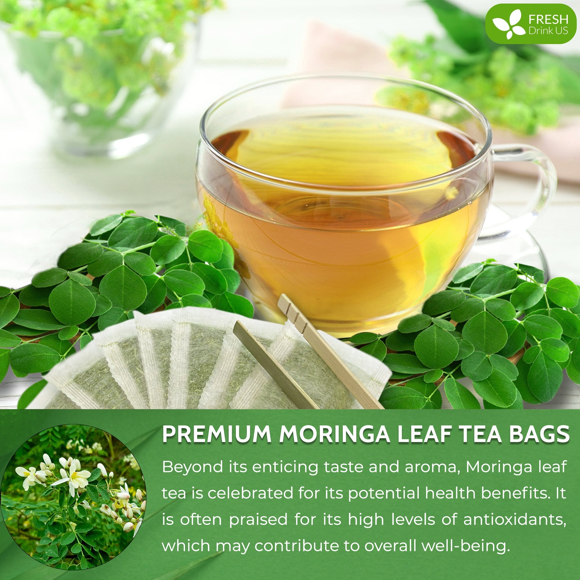 Moringa Leaf Tea Bags, 100% Natural &amp; Pure from Moringa Leaves. Loose Leaf Moringa Herbal Tea. Moringa Leaf Tea. No Sugar, No Caffeine, No Gluten, Vegan by FreshDrinkUS - Natural and Premium Herbal Tea