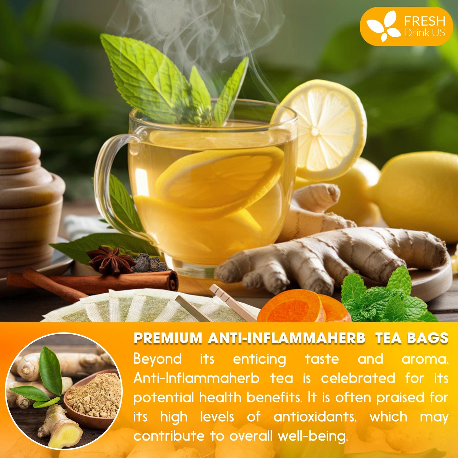 Anti-Inflammaheb Loose Leaf Tea, 100% Natural from Ginger, Turmeric, Peppermint, Black Pepper, Cinnamon by FreshDrinkUS - Natural and Premium Herbal Tea
