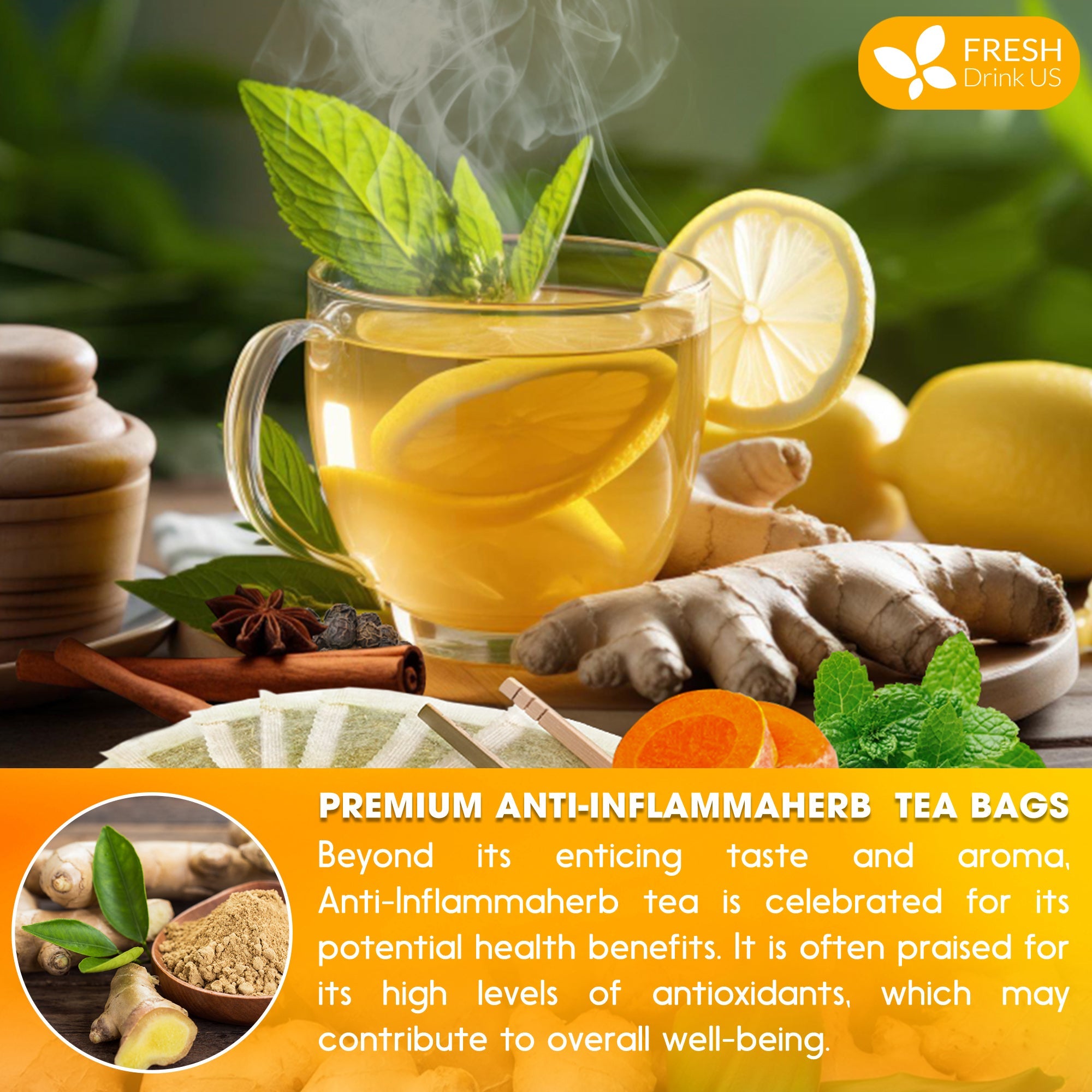 Anti-Inflammaheb Loose Leaf Tea, 100% Natural from Ginger, Turmeric, Peppermint, Black Pepper, Cinnamon by FreshDrinkUS - Natural and Premium Herbal Tea