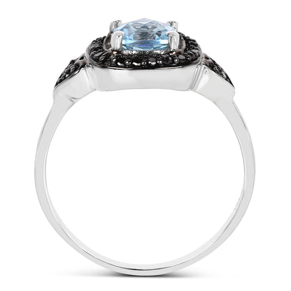 1.19 Carat Genuine Swiss Blue Topaz &amp; Black Diamond .925 Sterling Silver Ring
