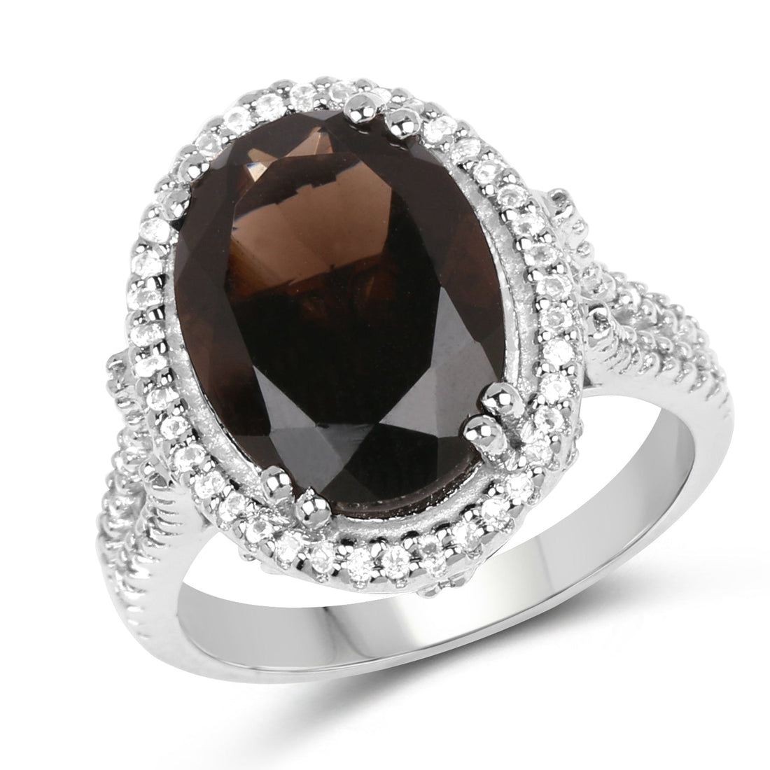 5.80 Carat Genuine Smoky Quartz &amp; White Topaz .925 Sterling Silver Ring