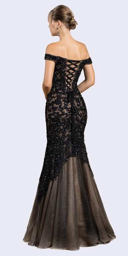 Cinderella Divine A0401 Off-Shoulder Mermaid Dress Lace Overlay Tulle Skirt by DiscountDressShop