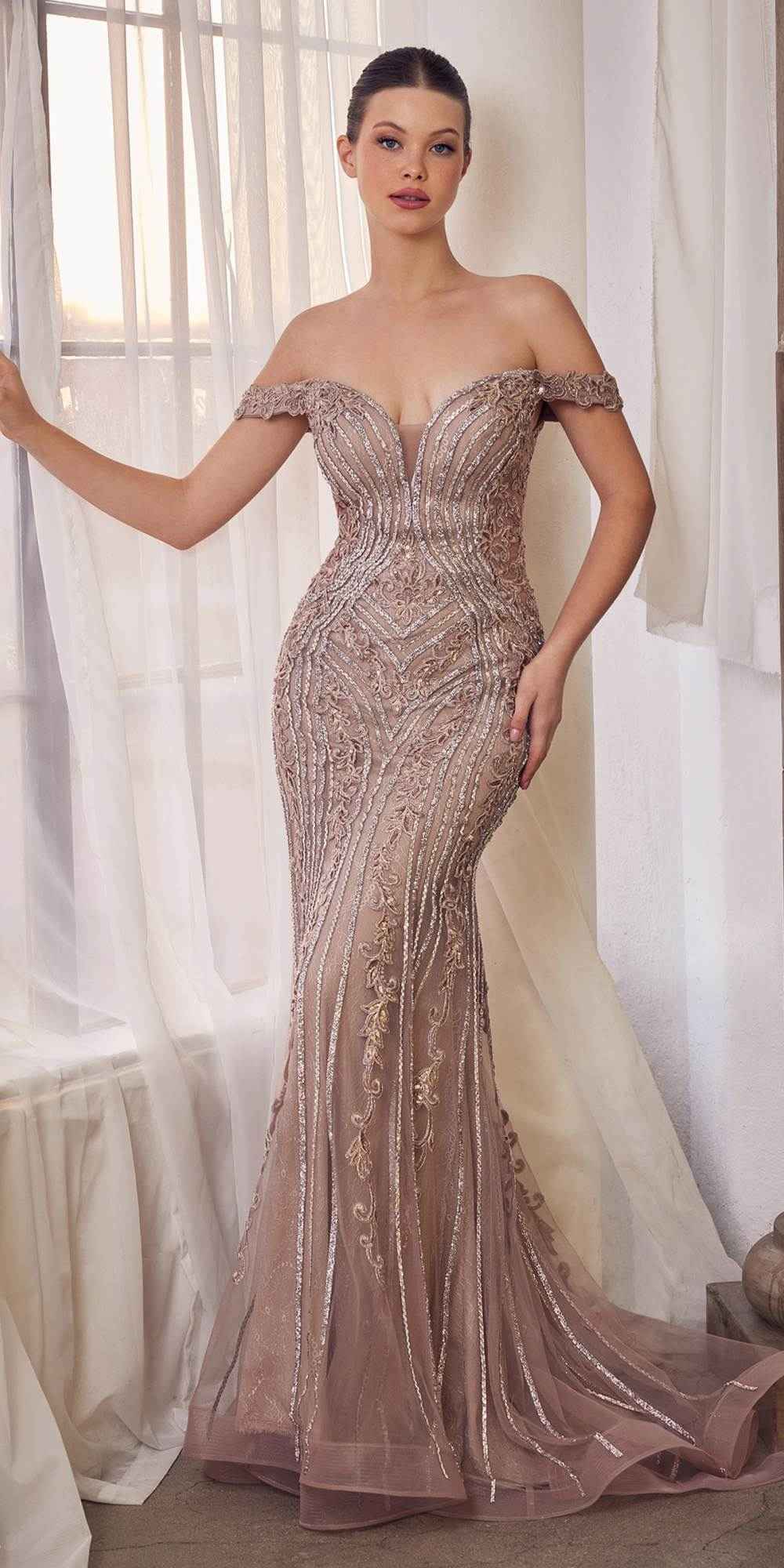 CLEARANCE - Andrea &amp; Leo A1257 Long Off the Shoulder Dusty Mauve Gown (Size 4) by DiscountDressShop