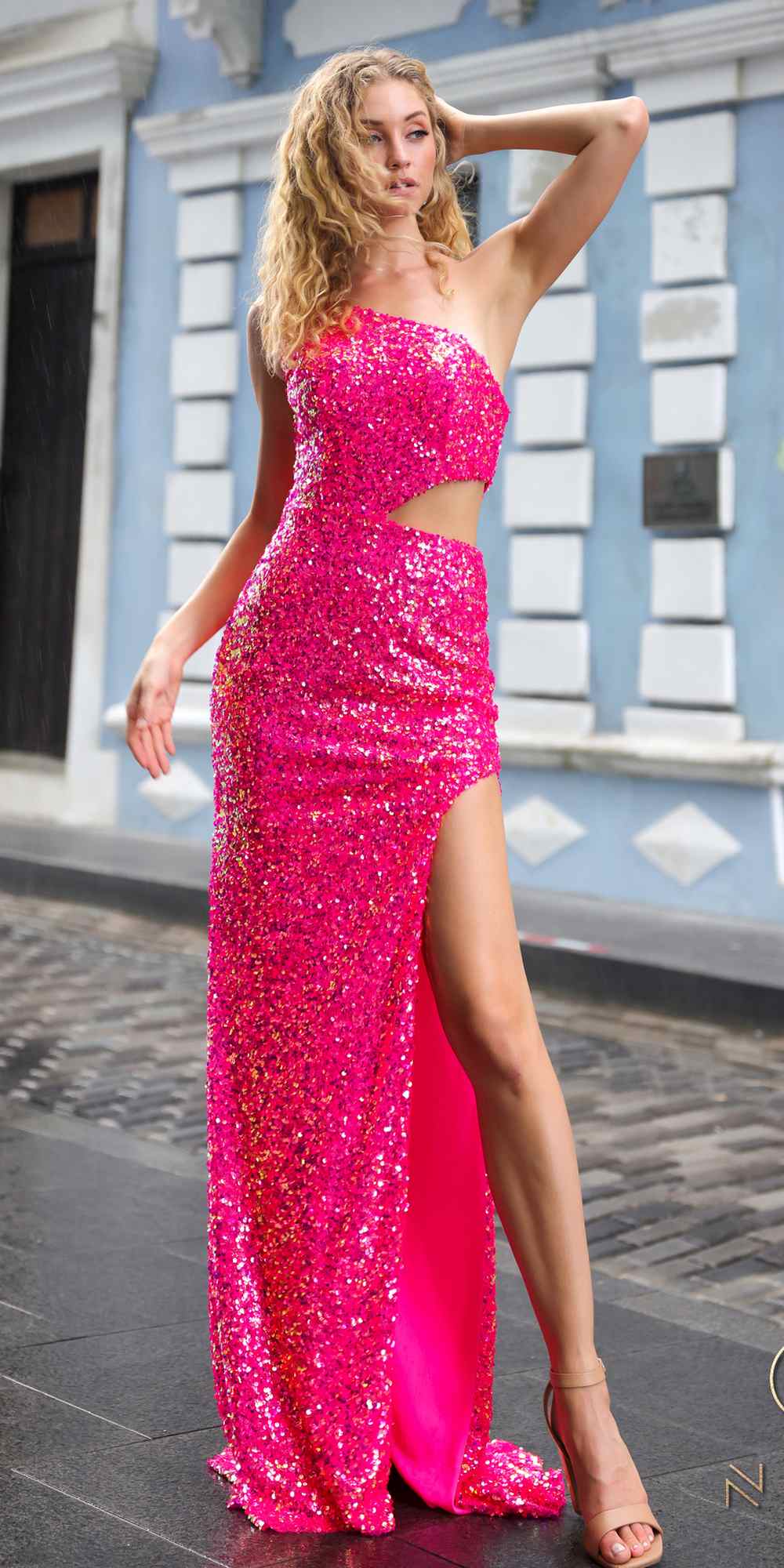 Nox Anabel A1307 Long One Shoulder Side Cut-Out Sequin Gown by DiscountDressShop