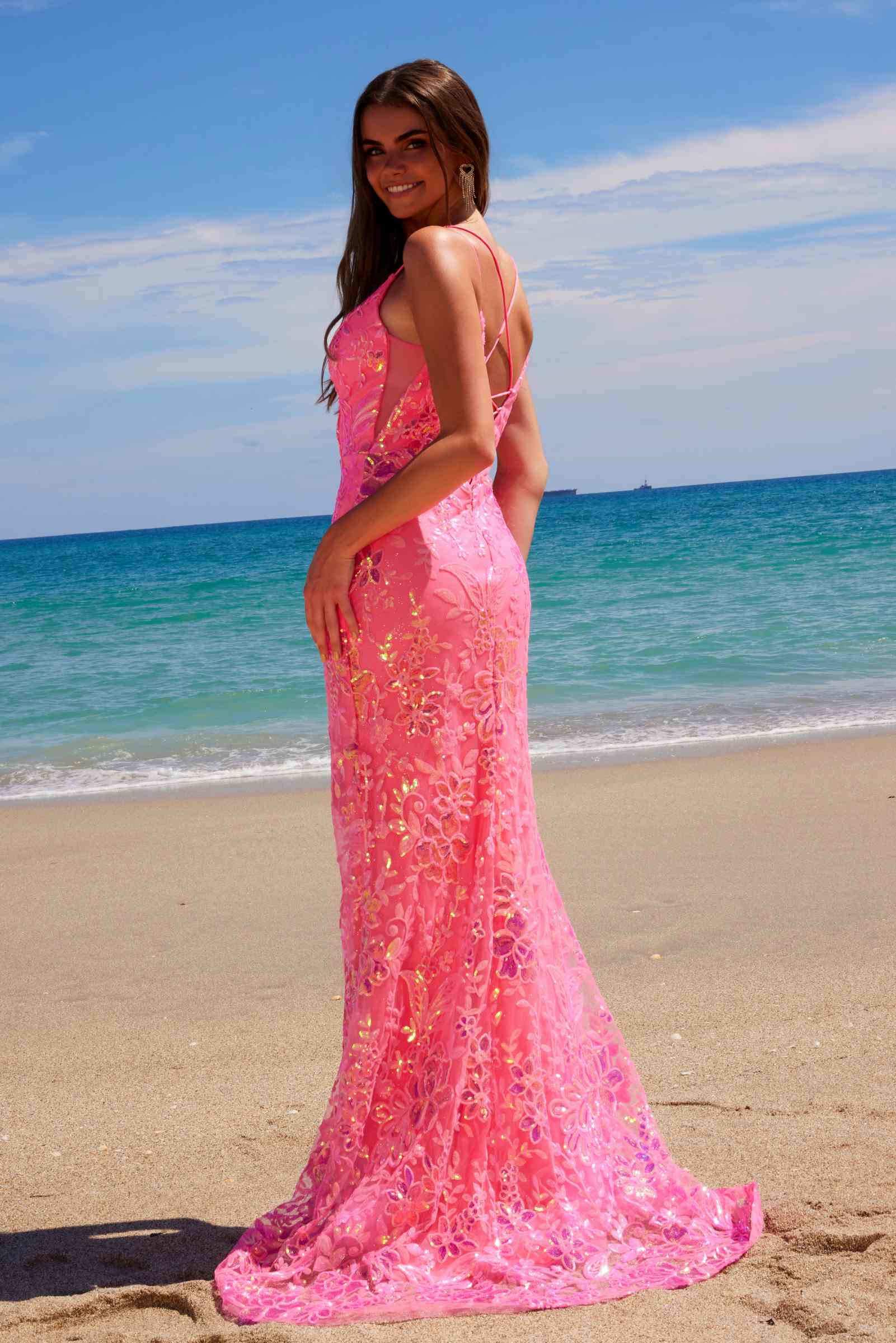 Nox Anabel A1587 Deep V-Neck Floral Sequined Tulle Dress by DiscountDressShop