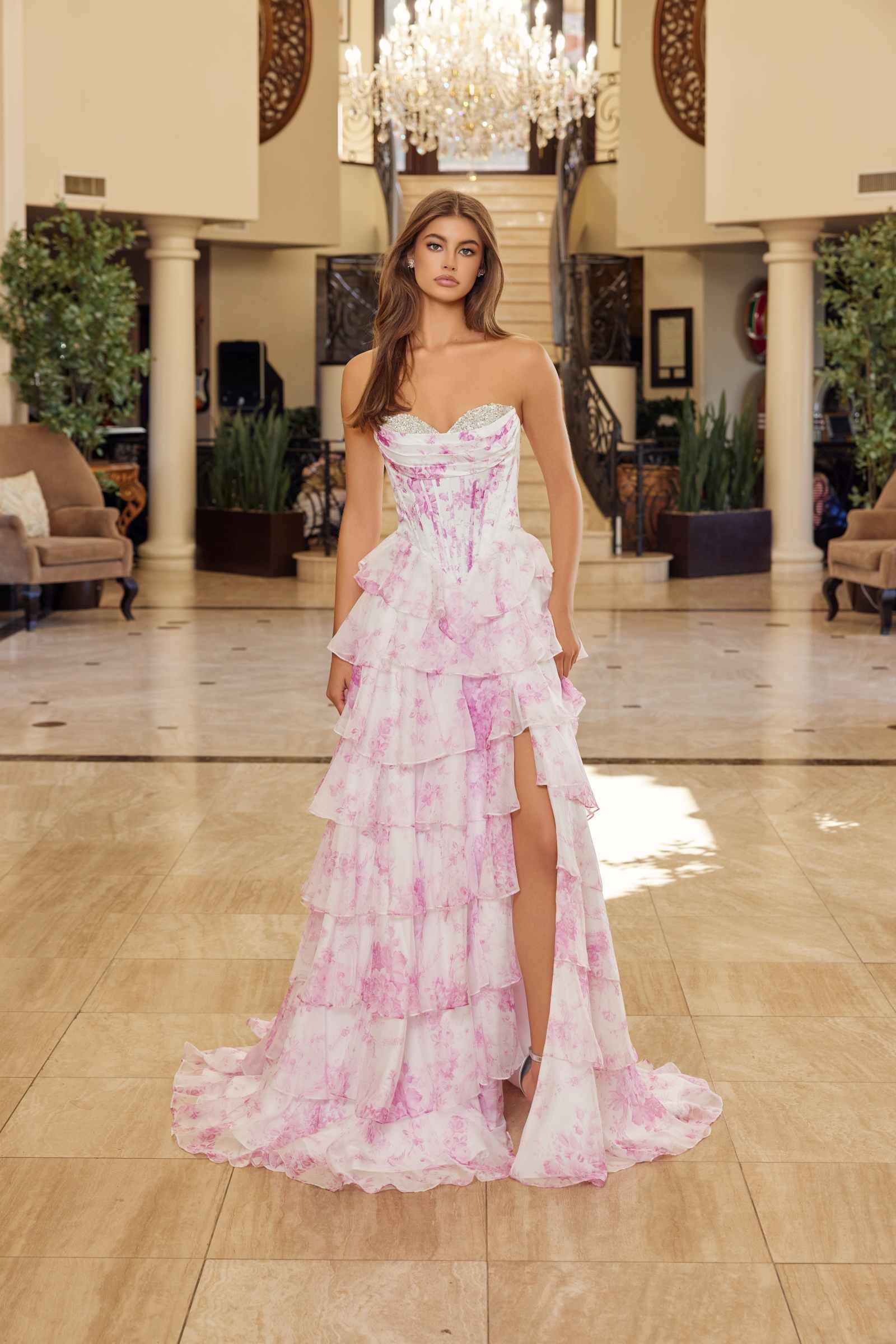 Nox Anabel A1752 Flowy Strapless A-Line Ruffled Layered Chiffon Prom Gown by DiscountDressShop