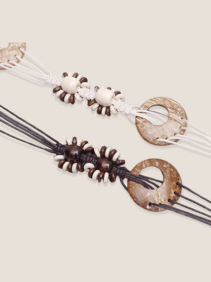Bohemian Artisanal Waxed Cord &amp; Cowhide Woven Thin Belt by LINTICO