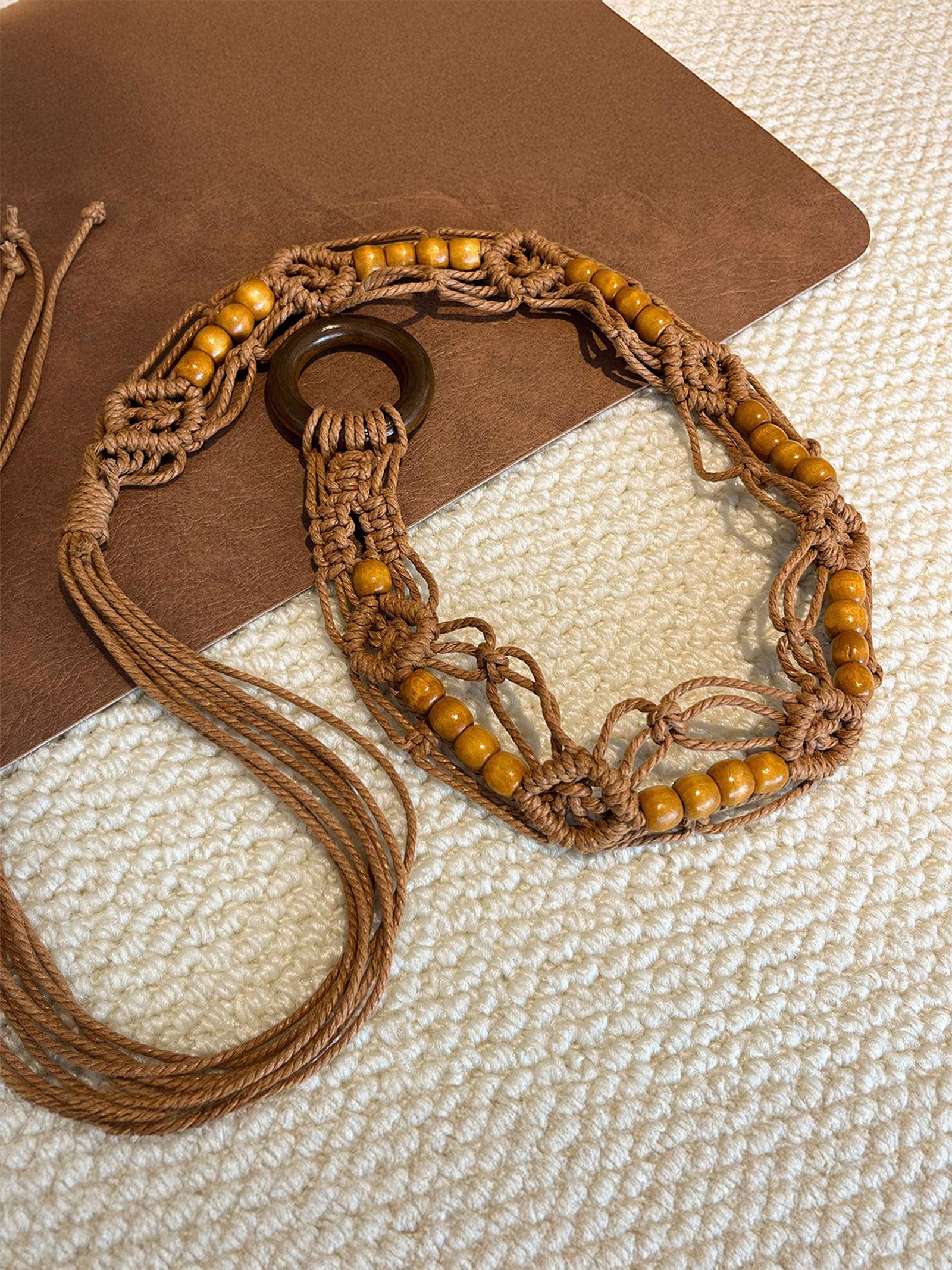 Bohemian Hand-Woven Waxed Cord Waist Rope With Wood Beads by LINTICO