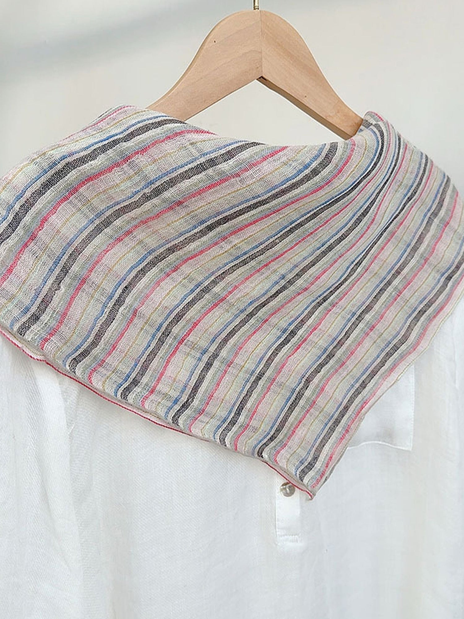 100% Linen Striped Woven Light Square Scarf by LINTICO