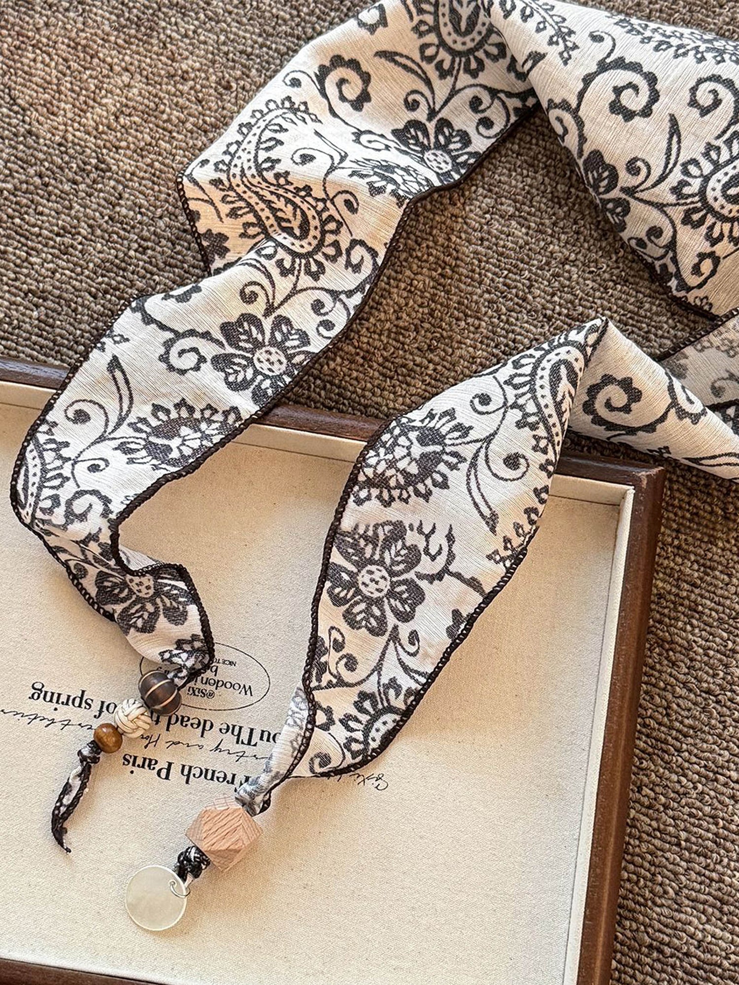 Multi-Functional Floral Satin Scarf With Jade Bead Accents by LINTICO