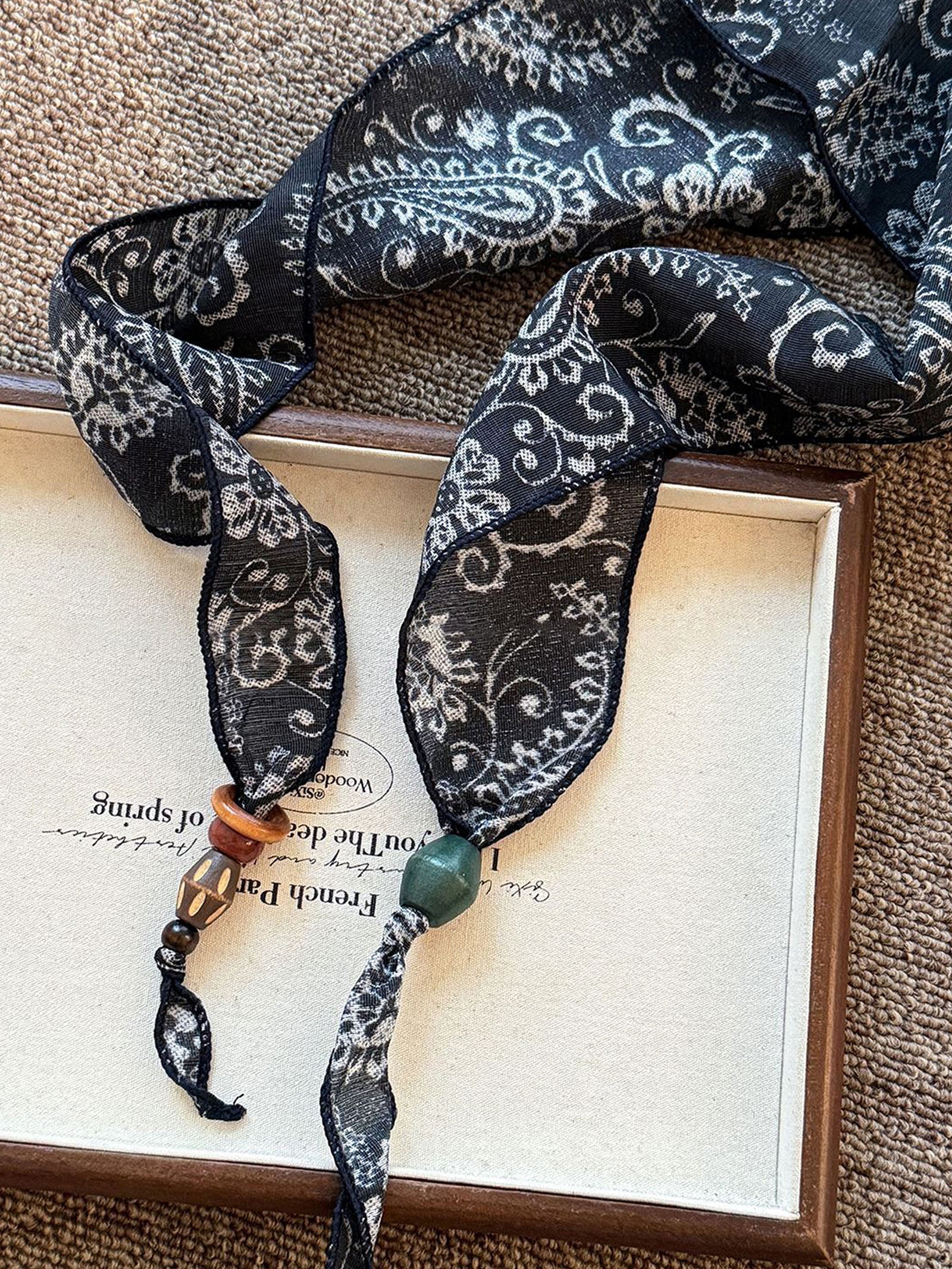 Multi-Functional Floral Satin Scarf With Jade Bead Accents by LINTICO