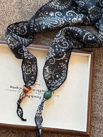 Multi-Functional Floral Satin Scarf With Jade Bead Accents by LINTICO