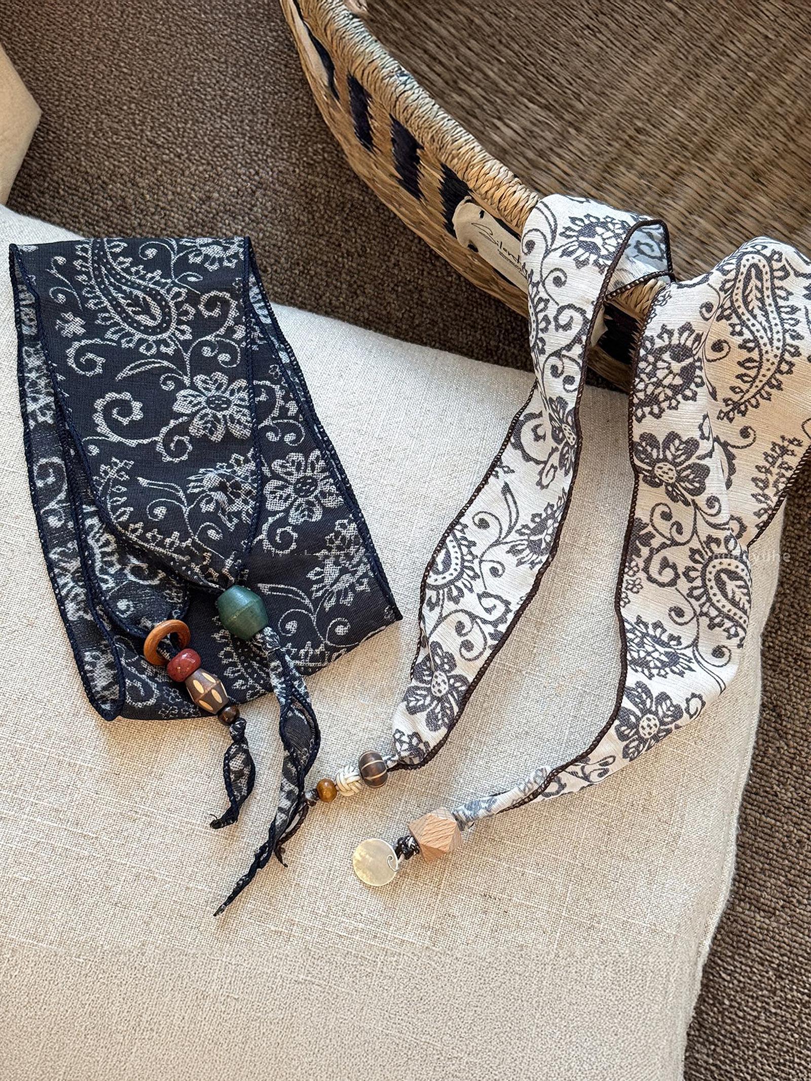 Multi-Functional Floral Satin Scarf With Jade Bead Accents by LINTICO
