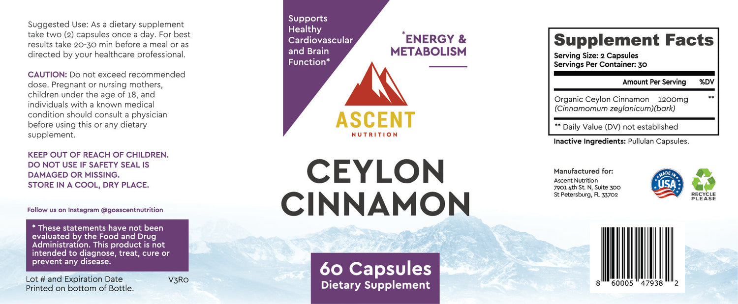 Organic Ceylon Cinnamon, 60 Capsules, 1200 mg by Ascent Nutrition