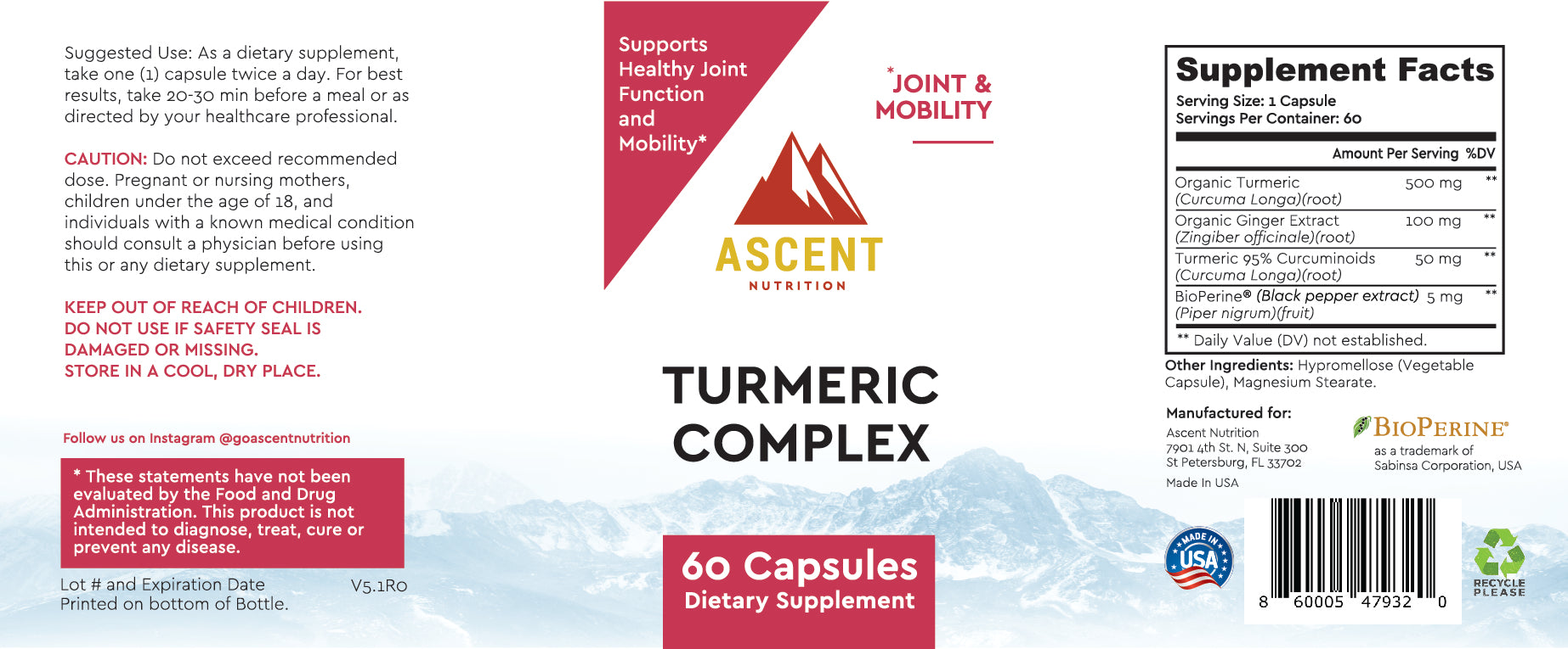 Organic Turmeric Complex, 60 Capsules, 500 mg by Ascent Nutrition