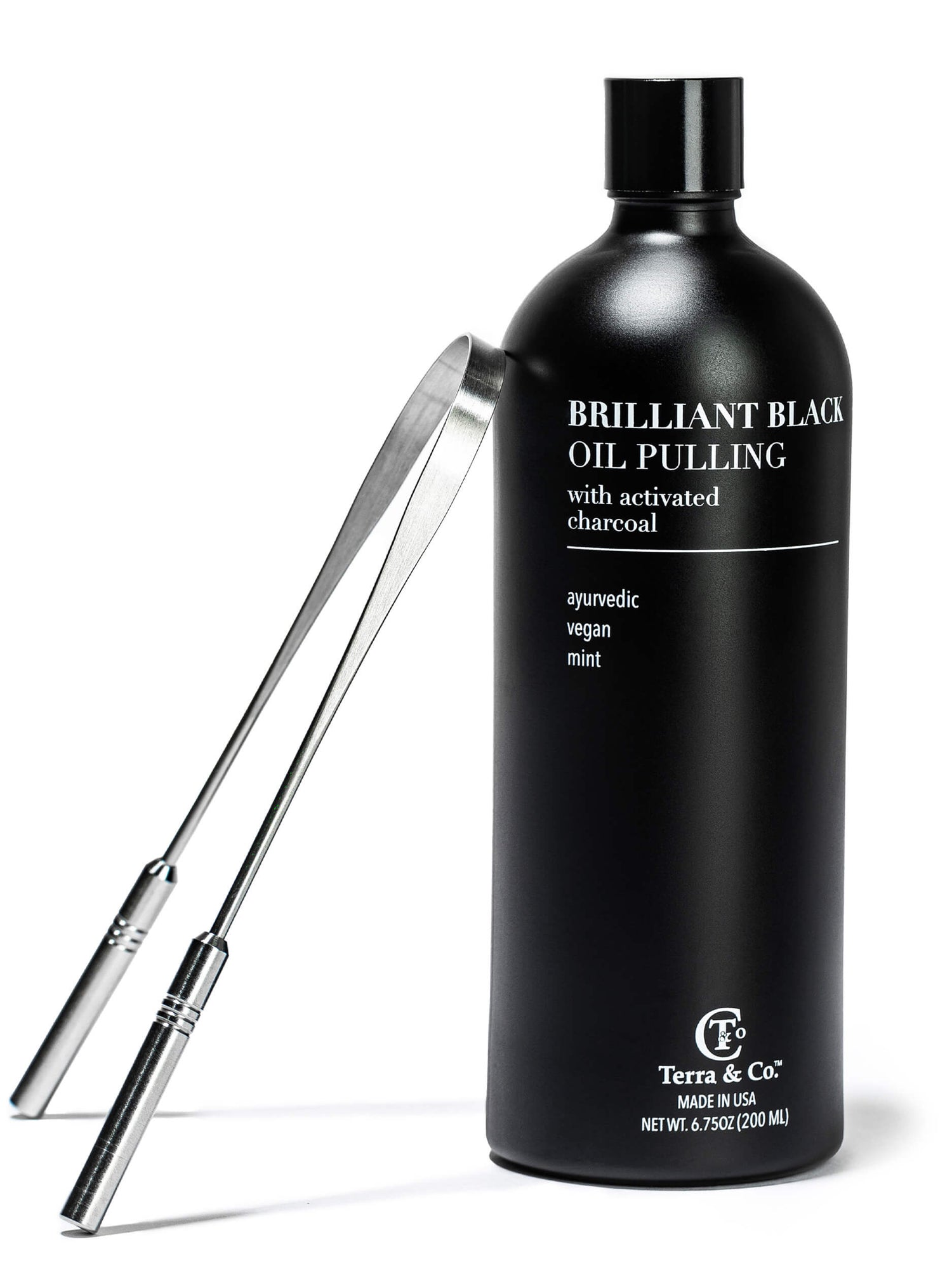 Charcoal Oil Pulling + Stainless Steel Tongue Scraper Bundle by Terra &amp; Co.