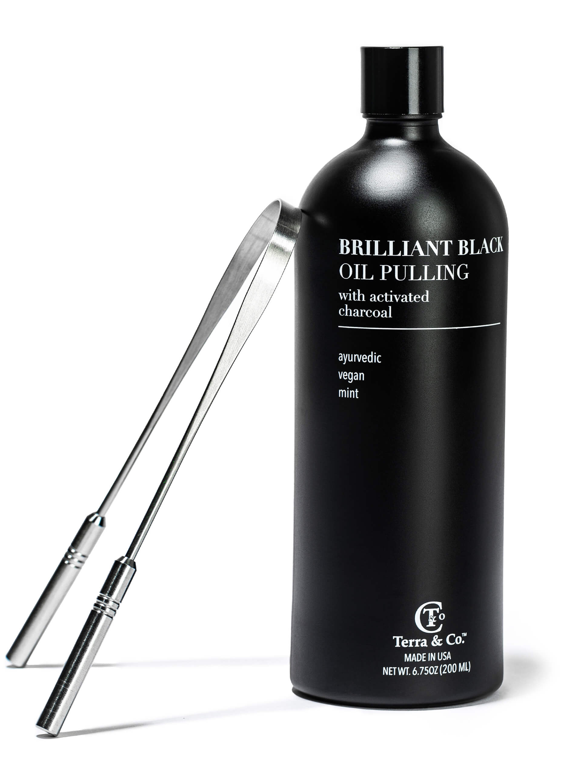 Charcoal Oil Pulling + Stainless Steel Tongue Scraper Bundle by Terra &amp; Co.
