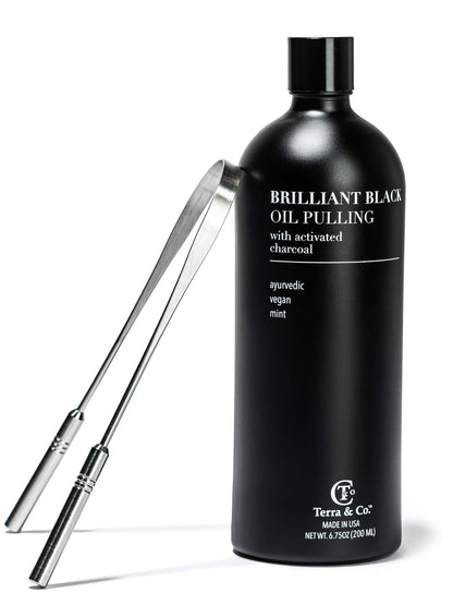 Charcoal Oil Pulling + Stainless Steel Tongue Scraper Bundle by Terra &amp; Co.