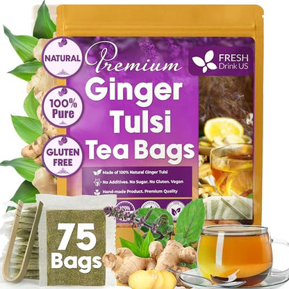 Premium Ginger Tulsi Tea Bags | Hand-made Blend of Ginger and Tulsi Holy Basil Leaves by FreshDrinkUS - Natural and Premium Herbal Tea