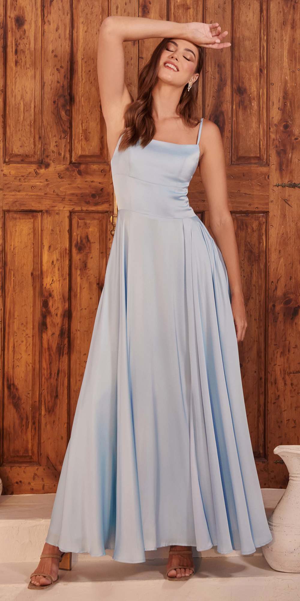 Ladivine B8402 Long Square Neck Pockets Satin A-Line Gown by DiscountDressShop