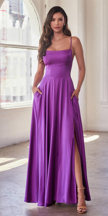 Ladivine B8402 Long Square Neck Pockets Satin A-Line Gown by DiscountDressShop