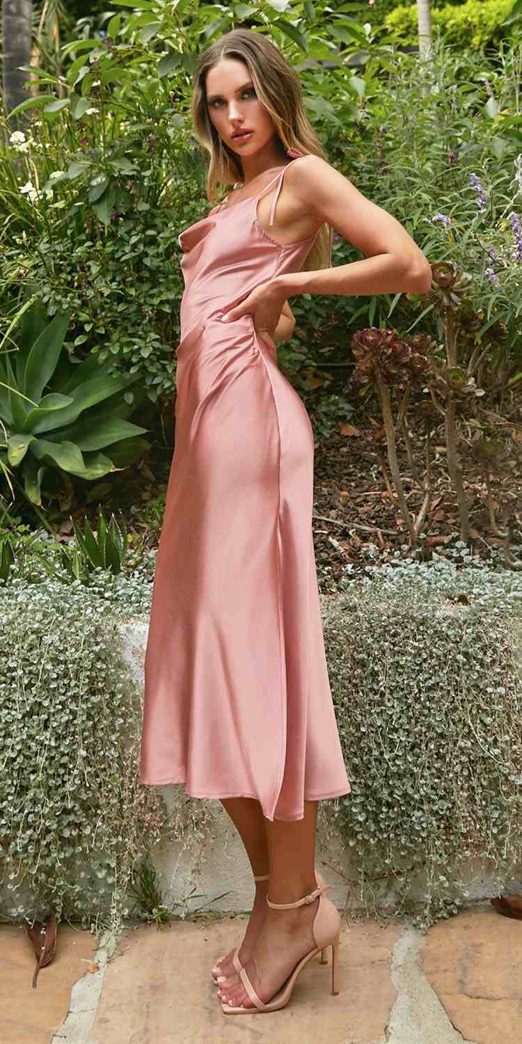 Cinderella Divine BD103 Satin Midi Length Dress High Side Split Cowl Neck by DiscountDressShop