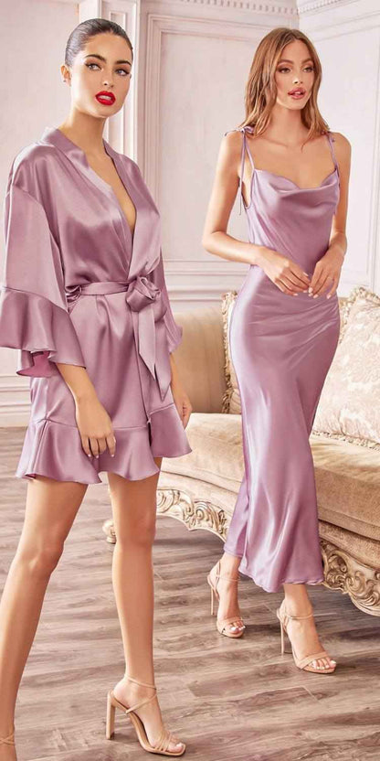 Cinderella Divine BD103 Satin Midi Length Dress High Side Split Cowl Neck by DiscountDressShop