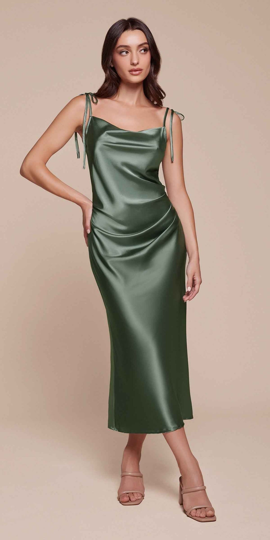 Cinderella Divine BD103 Satin Midi Length Dress High Side Split Cowl Neck by DiscountDressShop