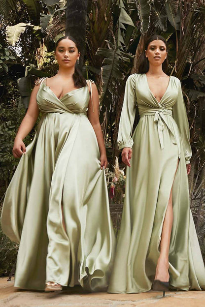 Cinderella Divine BD105 Flowy Satin A-Line Gown with Leg Slit by DiscountDressShop