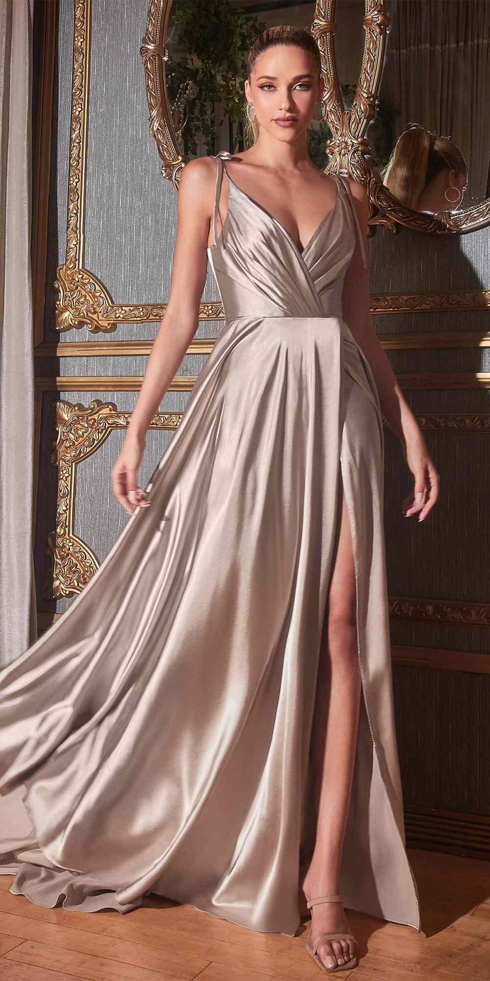Cinderella Divine BD105 Flowy Satin A-Line Gown with Leg Slit by DiscountDressShop