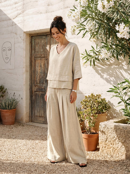 100% Linen Sculpted Pleat Elasticated Back Relaxed Pants VERIDIANA by LINTICO