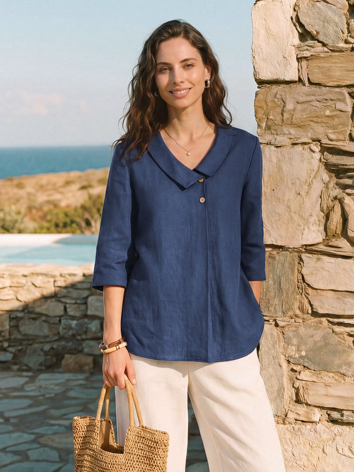 100% Linen Asymmetric Collar Inverted Pleat Top OTTILIE by LINTICO