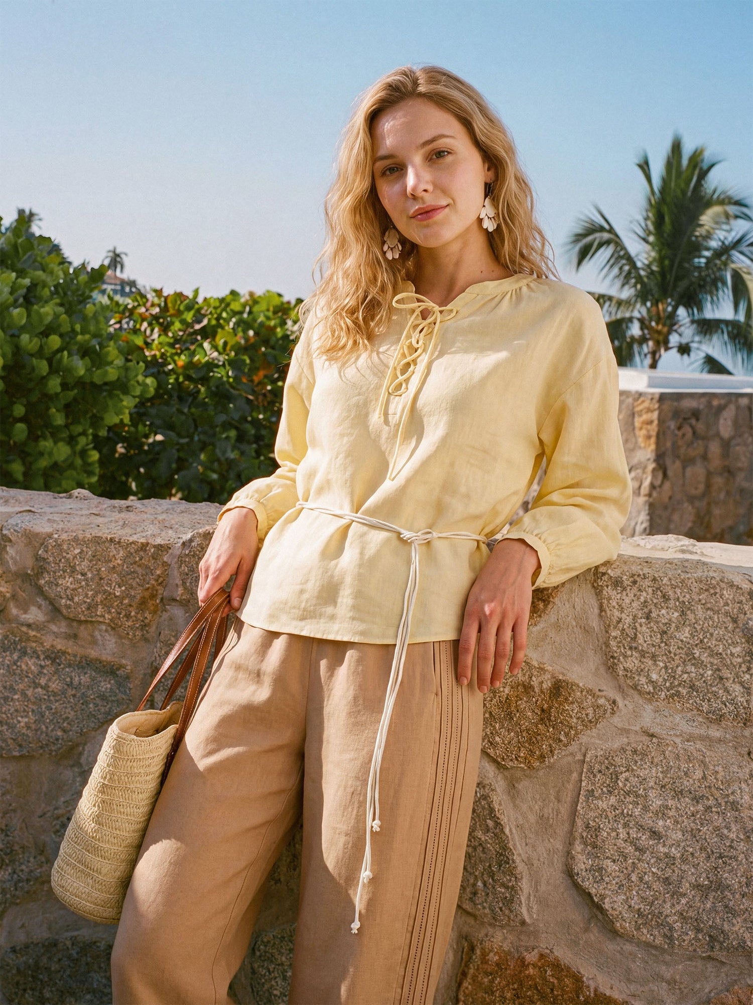 100% Linen Lace-Up Shirred Lantern Sleeve Blouse DOROTHEA by LINTICO