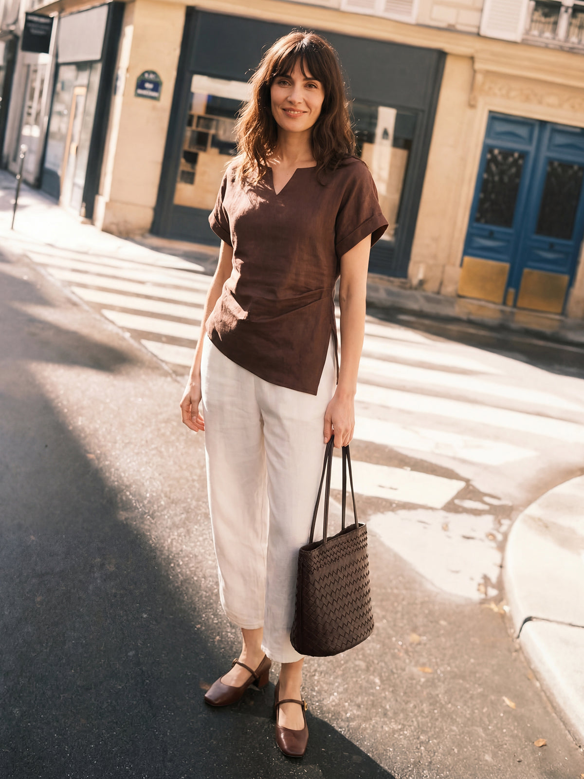 100% Linen Asymmetric Hem Side Gathered Split-Neck Top MINERVA by LINTICO