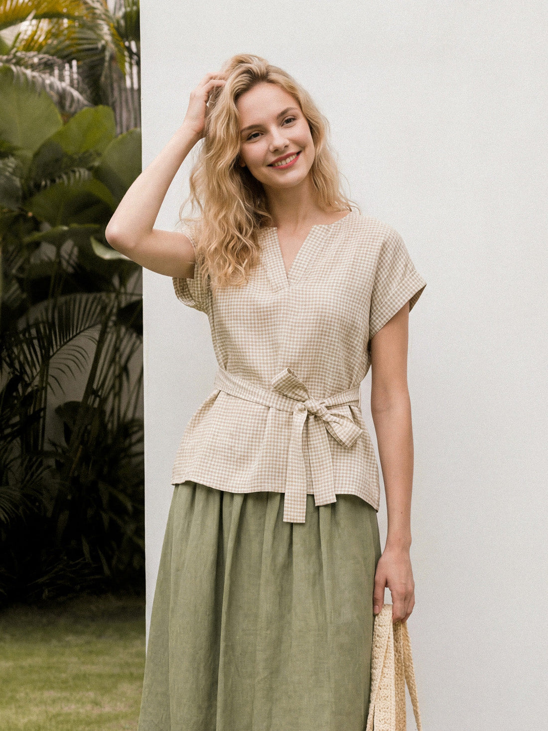 100% Linen Plaid Detachable Tie-Belt Split-Neck Top LEXIE by LINTICO