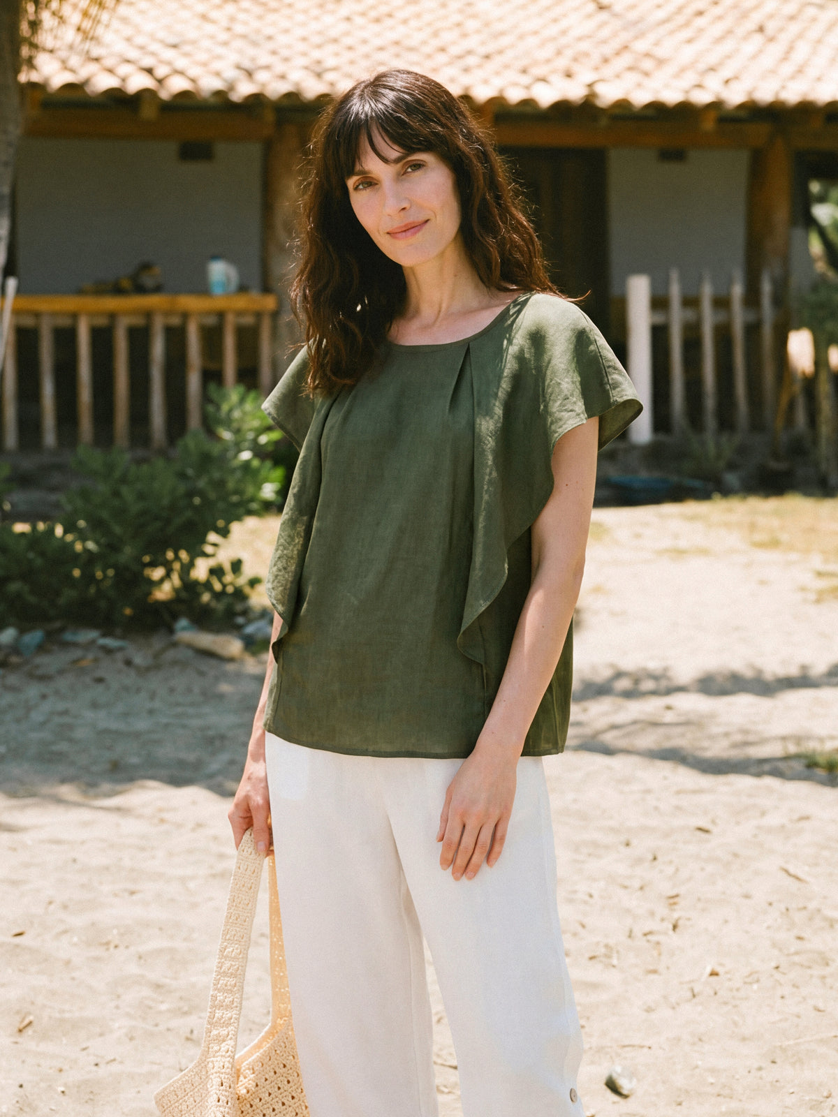 100% Linen Flutter Sleeve Sculpted Pleat Top DRUSILLA by LINTICO