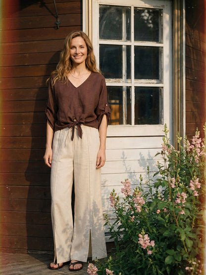 100% Linen Twist-Hem Batwing Top LAVENA by LINTICO