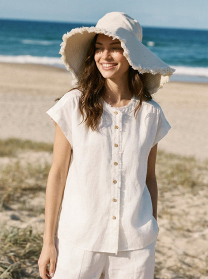100% Linen Frayed-Trim Drop-Shoulder Top INDIRA by LINTICO