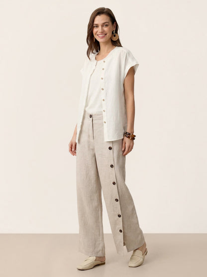 100% Linen Frayed-Trim Drop-Shoulder Top INDIRA by LINTICO