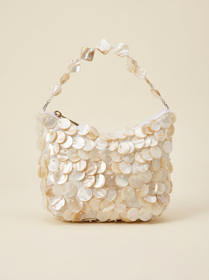 Luxe Handcrafted Mother of Pearl Disc Clutch for Special Occassion &amp; Summer Vacations by LINTICO