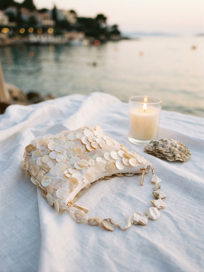 Luxe Handcrafted Mother of Pearl Disc Clutch for Special Occassion &amp; Summer Vacations by LINTICO