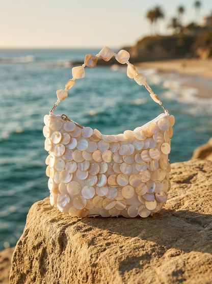 Luxe Handcrafted Mother of Pearl Disc Clutch for Special Occassion &amp; Summer Vacations by LINTICO
