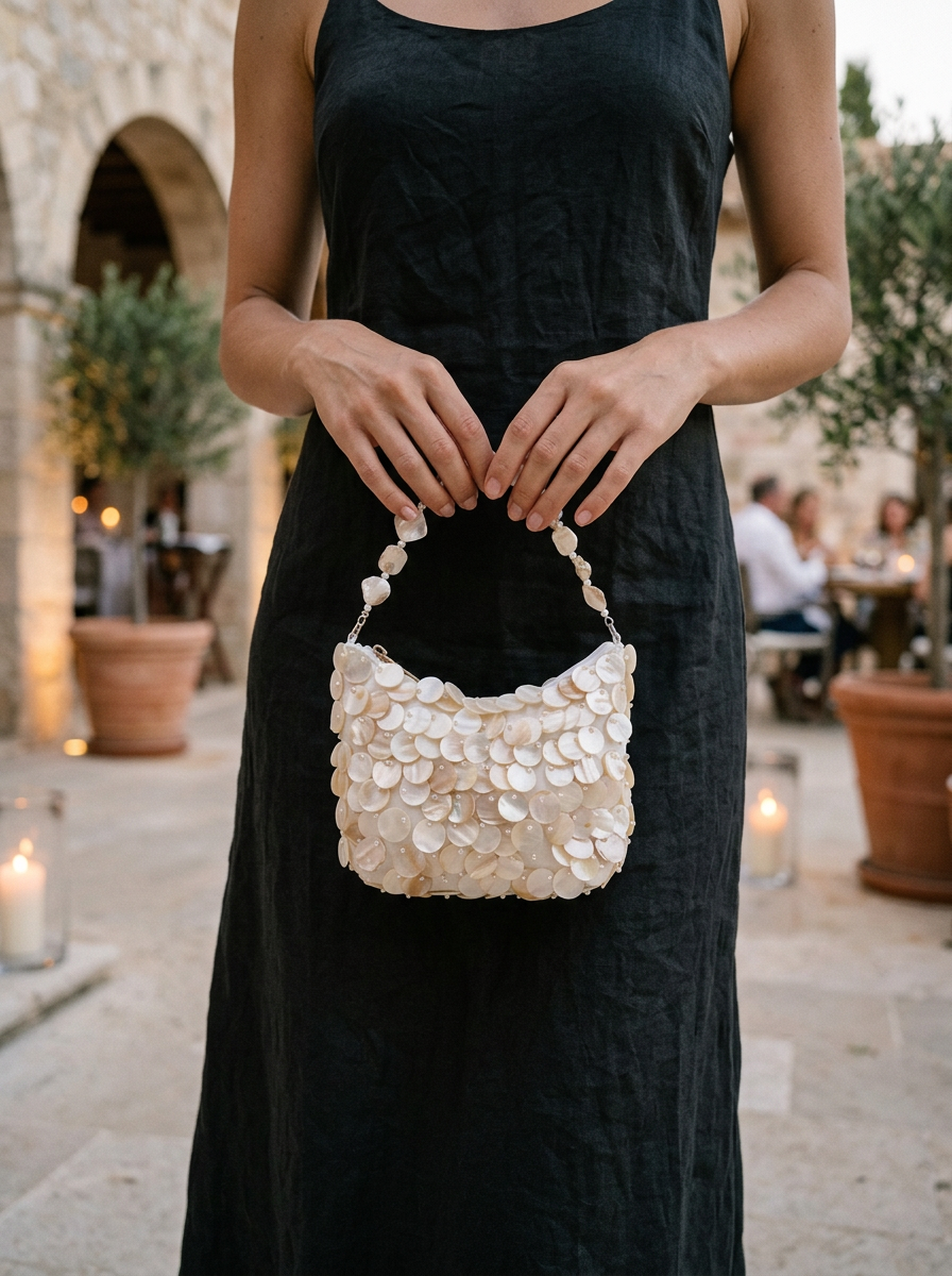 Luxe Handcrafted Mother of Pearl Disc Clutch for Special Occassion &amp; Summer Vacations by LINTICO