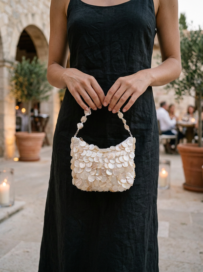 Luxe Handcrafted Mother of Pearl Disc Clutch for Special Occassion &amp; Summer Vacations by LINTICO