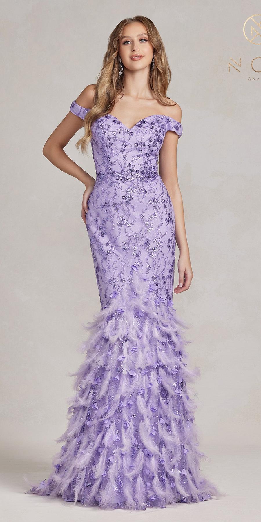Nox Anabel C1106 Long Mermaid Off the Shoulder Gown with Feathers by DiscountDressShop
