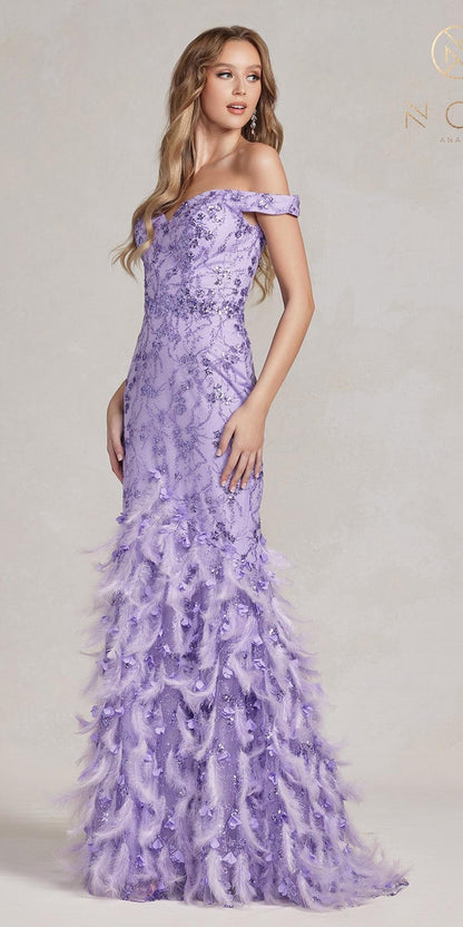 Nox Anabel C1106 Long Mermaid Off the Shoulder Gown with Feathers by DiscountDressShop
