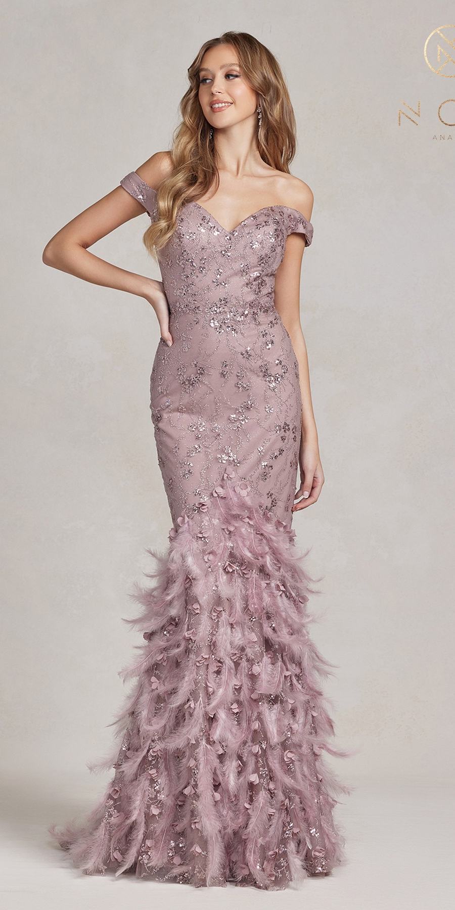 Nox Anabel C1106 Long Mermaid Off the Shoulder Gown with Feathers by DiscountDressShop